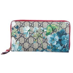 Gucci Blooms GG Supreme Brown Canvas Wallet Blossoms Blue Floral Box New